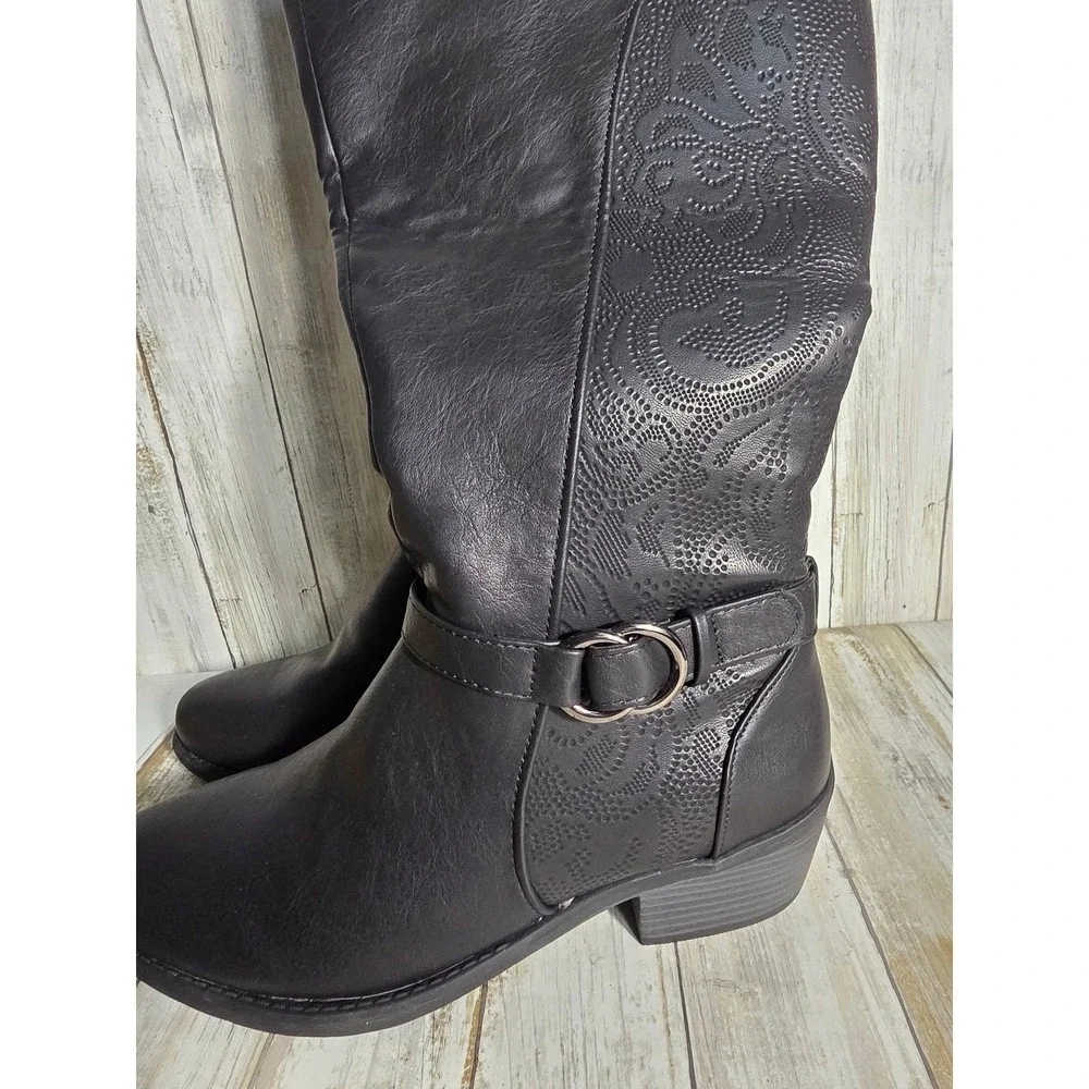 Easy Street Plus Wide Calf Black Knee High Boots Paisley Embossed Side Zip NWT